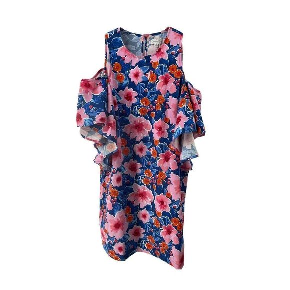 Mud Pie Dress Womens Size M Blue & Pink Floral Cold Shoulder Ruffle Knee Length - Picture 1 of 7